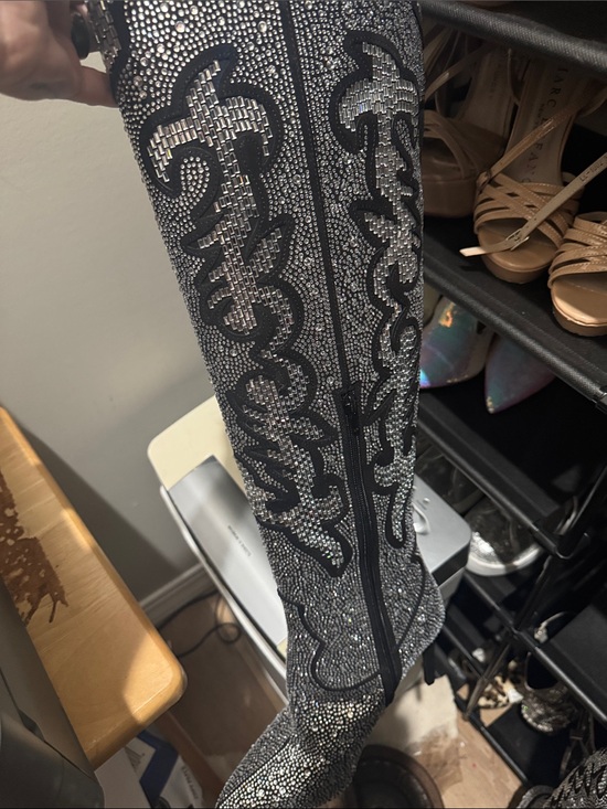 INC International Concepts Shoes - INC International Concepts Black and Silver Rhinestone Knee-High Heeled Boots